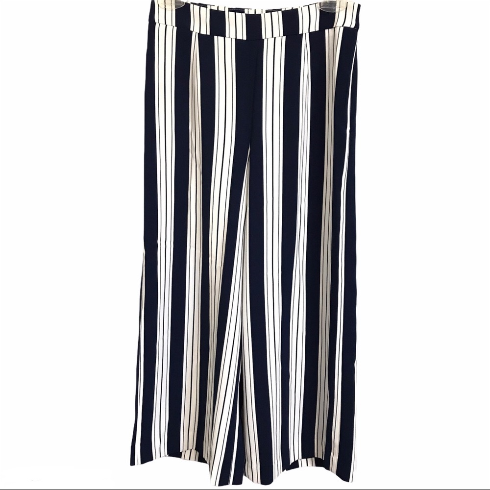 H&M Blue White Stripe Flowy Wide Leg Flowy Trousers Pants Size 4 Career Office